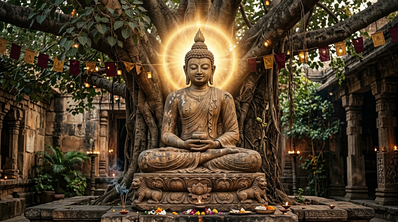 Sacred ancient statue of Gautama Buddha in meditation under the Bodhi tree