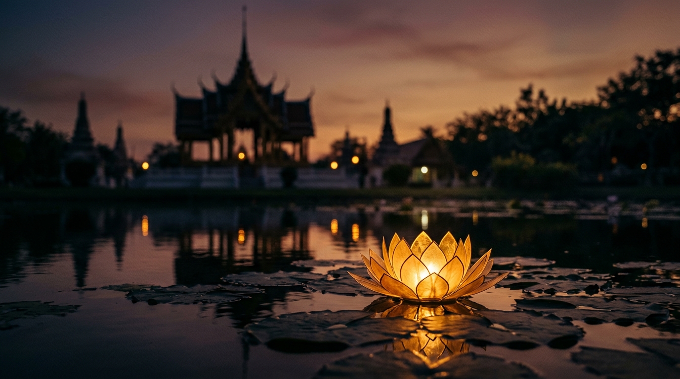 Golden lotus floating peacefully on water with temple silhouette