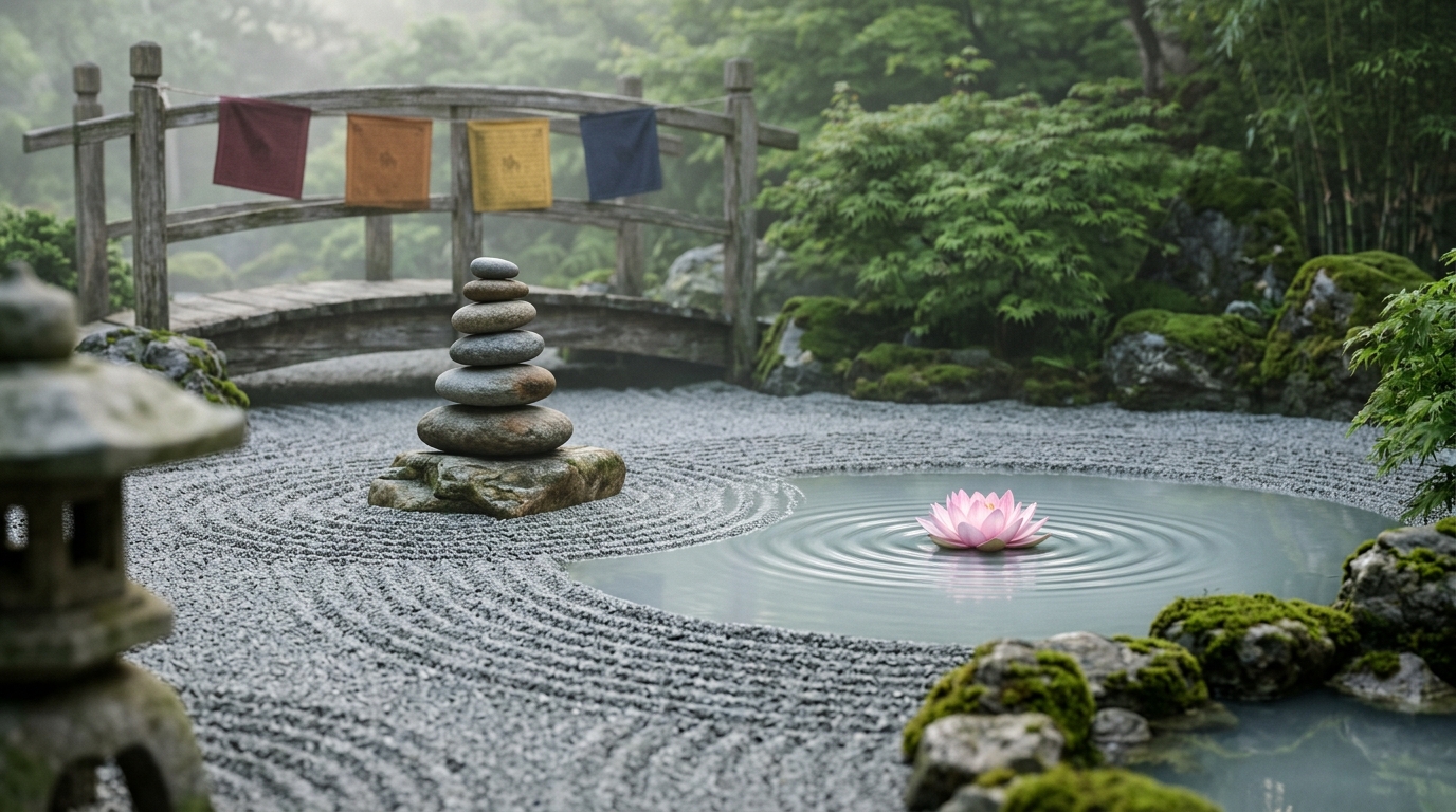 Zen garden with balanced stones and lotus pond